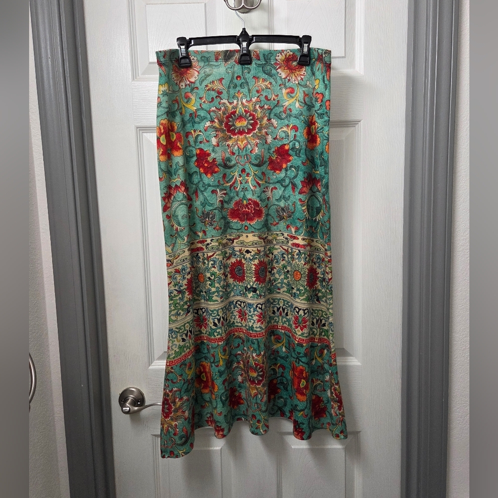amma Fairy Whimsical Cottage Peasant  Floral Romance Maxi Skirt Aqua Red Size XL